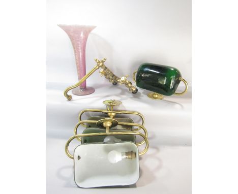 A modern vintage looking brass finish set of kitchen sink mixer tap, four green glass and brass wall lights, a large ceramic 