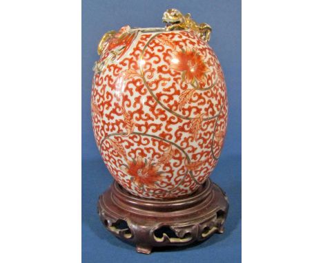 Chinese Republic period oval vase/water pot with intricate iron-red and gold scrolling lotus decoration and a moulded gilt ch