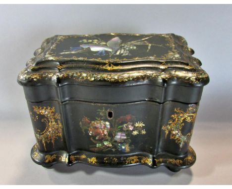 A Regency black lacquered mother-of-pearl inlaid tea caddy with two compartments raised on ball feet, 15 cm high x 19 cm wide