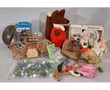 Mixed lot of vintage toys including Wendy Boston Basil Brush, large quantity of marbles, a Pelham Puppet, tin helmet, clockwo