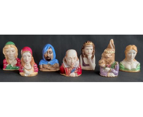 Seven boxed Royal Worcester Shakespeare Collection Candle Snuffers, comprising William Shakespeare, Romeo and Juliet, Othello