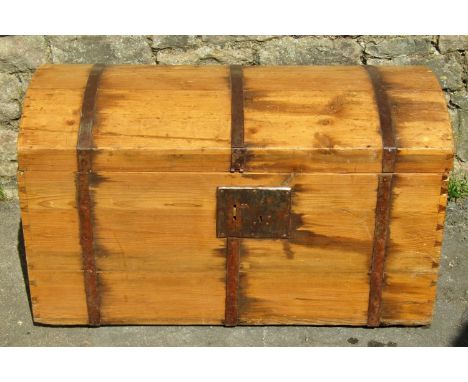 19th century stripped and waxed pine trunk with domed lid, steel bands and lock plate, 90cm wide 