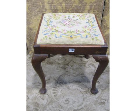 A square cut stool mahogany on shaped supports with hand worked tapestry top 