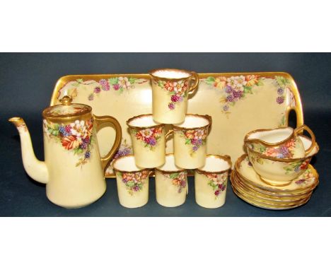 a late 19th century hand painted tea service comprising six cups and saucers, teapot, sugar basin and milk jug, together with