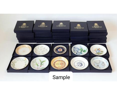 A collection of 34 coaster dishes by Royal Worcester, all boxed, including floral, golfing scenes, landmarks, anniversaries e