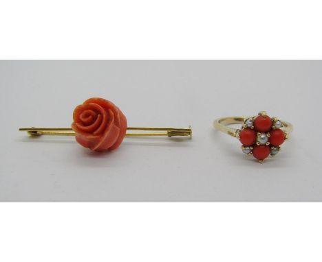 French 18ct bar brooch with carved coral rose head, 3.8g, together with a vintage 9ct coral and pearl cluster ring, size P/Q,