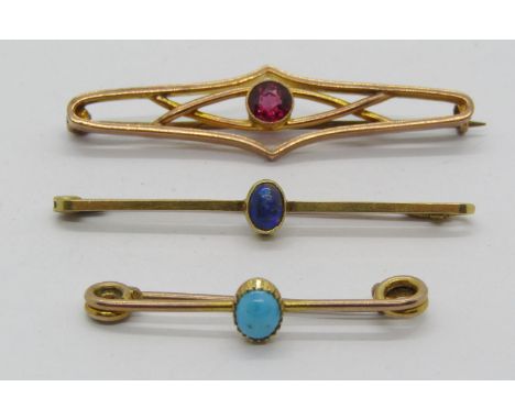 Three antique gold gem set bar brooches; a 15ct cabochon opal example, an Edwardian 9ct garnet example and a cabochon turquoi