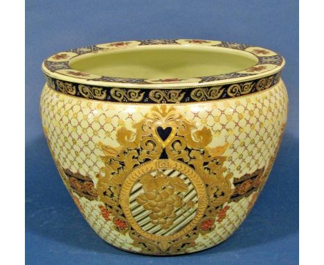 A Chinese style jardinière, Edwardian jug and basin, further Edwardian two handled vase and a pair of Victorian style column 