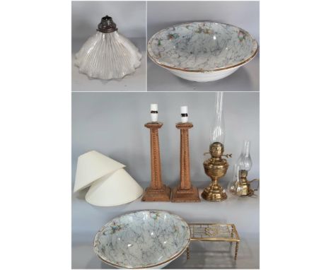 A pair of old wooden table lamps with shades, two brass oil lamps, a brass kettle stand, a crimped glass light shade, wash bo