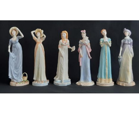 Six boxed figurines from the Royal Worcester Jane Austen Collection including Emma Woodhouse, Fanny Price, Catherine Morland,