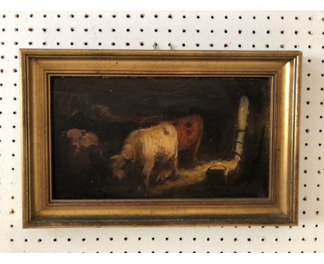 Joseph Denovan, Jnr. Adam (1870-1935) - Cows in a barn with light from the doorway, oil on board, signed lower right, inscrib