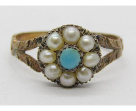 19th century yellow metal turquoise and pearl cluster ring, size I/J, 1.8g 