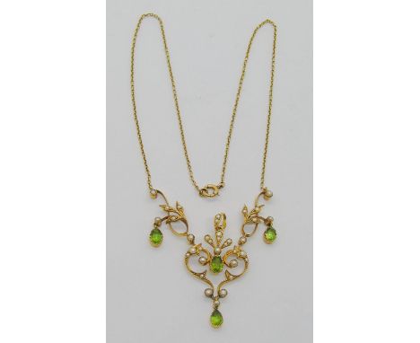 Good quality Edwardian 9ct peridot and seed pearl pendant necklace, with detachable fittings to be worn as a necklace or a pe