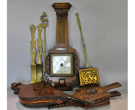 1930s oak wall barometer, two oak bellows, a  chestnut roaster and a toasting fork 