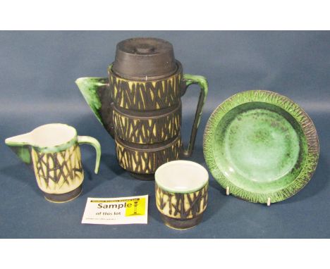 1960's Stone ware coffee service with abstract detail in a blue and pewter colourway comprising coffee pot, coffee cups, dish