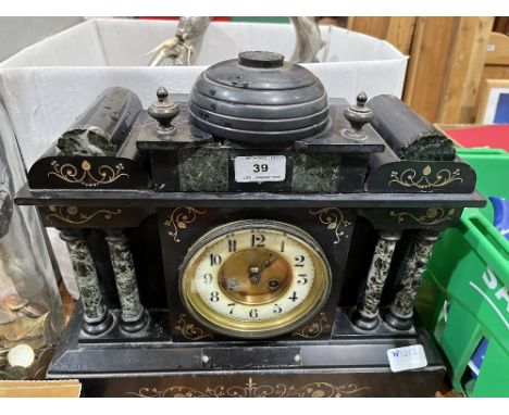 A late 19th century French slate and marble mantle clock. 14' high