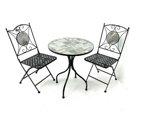 Garden Bistro tile table (D60cm) and two chairs in black finish (W39cm)Click here to view further images, condition reports, 