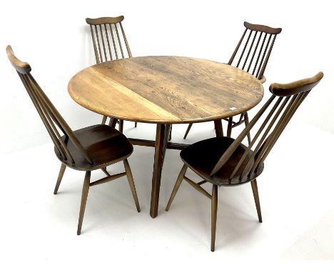 Ercol medium elm drop leaf table (W125cm, H72cm, D114cm and four stick back chairs (W63)Click here to view further images, co