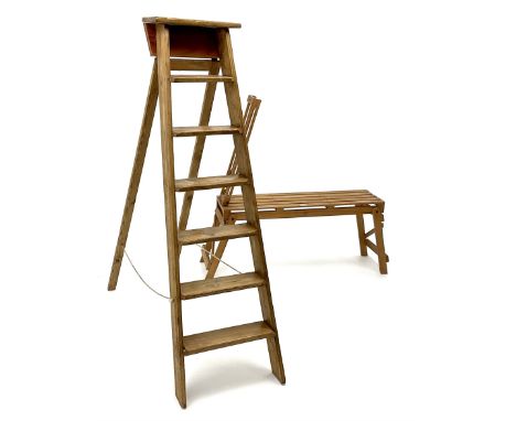 Vintage pitch pine step ladders (H156cm) and a folding timber benchClick here to view further images, condition reports, sale