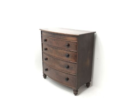 Victorian mahogany bow front chest, four graduating drawers on turned supportsDimensions: Height:&nbsp;114cm&nbsp; Length/Wid