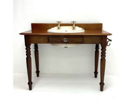 Victorian mahogany side table with inset basin and taps, raised shaped back, faux drawer, turned supportsDimensions: Height:&