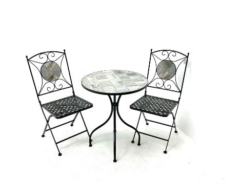 Garden Bistro tile table (D60cm) and two chairs in black finish (W39cm)Click here to view further images, condition reports, 