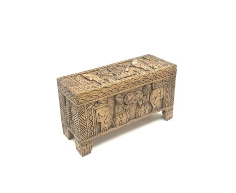 Eastern carved blanket box, hinged opening, bracket supports Dimensions: Height:&nbsp;43cm&nbsp; Length/Width:&nbsp;75cm&nbsp