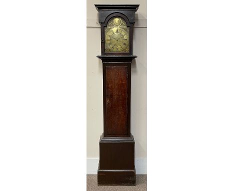 Late 18th century oak longcase clock, projecting cornice over glazed stepped arch hood door, plain rectangular case, the bras