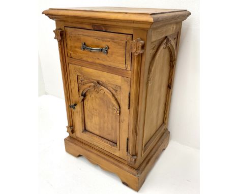 Polished pine bedside/lamp cabinet, single drawer and cupboard door, plinth baseDimensions: Height: 71cm  Length/Width: 46cm 