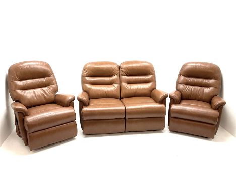 Sherborne three piece lounge suite upholstered in light brown leather � two seat sofa (W145cm), matching armchair (W84cm) and