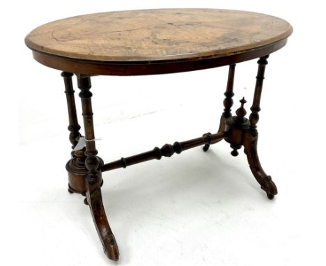 Victorian inlaid walnut oval stretcher table, turned columns on carved shaped supportsDimensions: Height:&nbsp;67cm&nbsp; Len