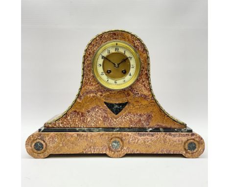 Late 19th century variegated marble dome top mantel clock, the circular dial with Arabic chapter ring above black marble inla