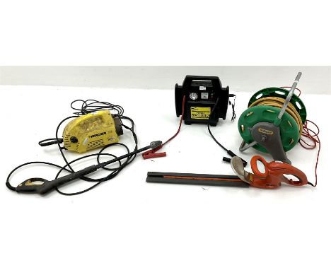 Karcher 112 pressure washer, a Flymo HT45s hedge trimmer, a Hozelock hose pipe and a portable power stationClick here to view