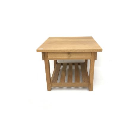 Light oak square coffee table, one drawer, joined with undertier, stile supportsDimensions: Height:&nbsp;55cm&nbsp; Length/Wi