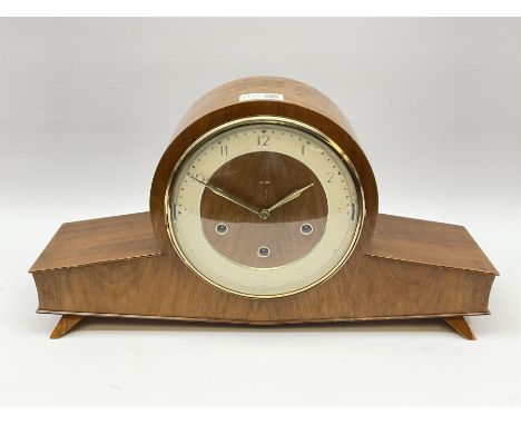 Mid 20th century walnut cased mantel clock by 'Smiths', circular dial with Arabic chapter ring, triple train driven movement 