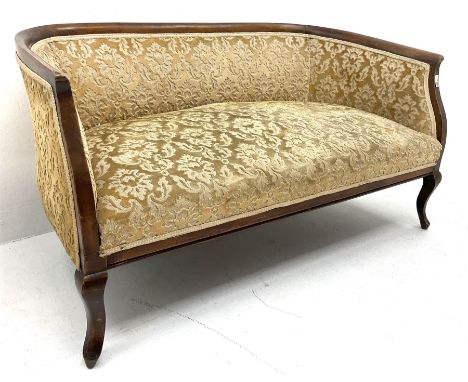 Early 20th century mahogany framed two seat settee, upholstered in a pale gold fabric, cabriole feet (W125cm) and two matchin