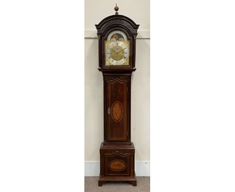 Late 18th century and later inlaid mahogany longcase clock, the stepped arched dentil cornice over a blind fret work frieze, 