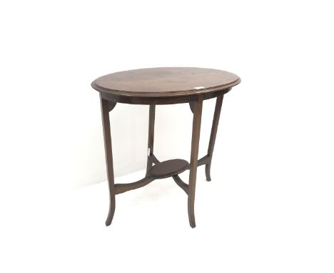 Edwardian inlaid mahogany oval occasional table, shaped supports, joining undertier Dimensions: Height:&nbsp;75cm&nbsp; Lengt