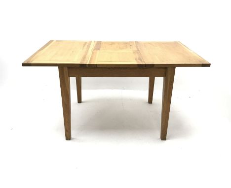 Light oak extending dining table, square tapering Dimensions: Height:&nbsp;77cm&nbsp; Length/Width:&nbsp;147cm&nbsp; Depth/Di