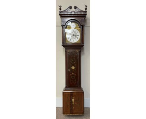 19th century mahogany longcase clock with painted decoration, the hood with scroll and fret work pediment over dentil cornice