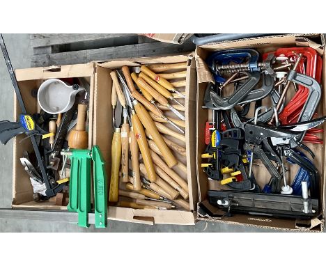A quantity of chisels including Robert Sorby and Marples, several clamps and other hand toolsClick here to view further image