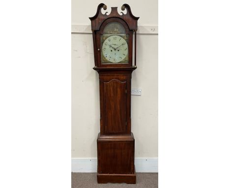 Early 19th century mahogany longcase clock, scroll moulded pediment over stepped arch glazed door with upright column pilaste