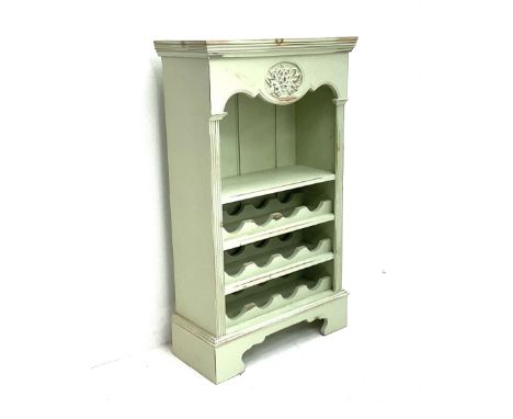 Painted pine twelve bottle wine rack with additional single shelf,, reeded moulding, shaped apron, shaped bracket supports Di