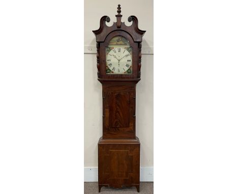 19th century figured mahogany longcase clock, painted dial, 30-hour movement striking the hours on bellDimensions: Height:&nb