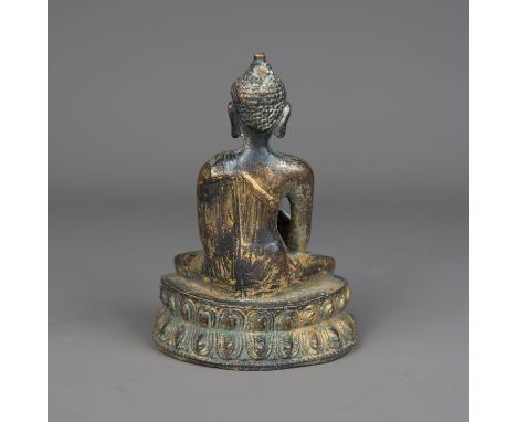 Indo-Chinese Buddha, in sitting position with folded hands, bronze cast, with original patina and remains of gilding, possibl