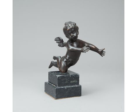 Angel Sculpture, bronze cast with dark patina on marble base, 19th century, total height 21 cm