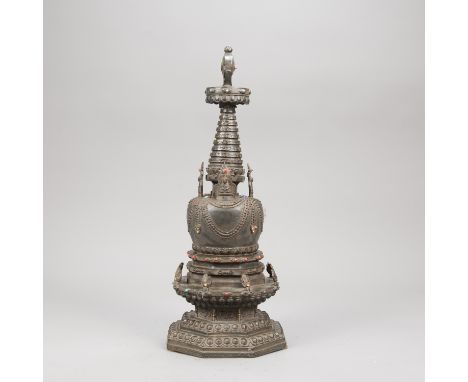 Tibetan Stupa, bronze cast with original patina with luck symbols, corals and turqouise, engraved copper bottom plate, small 