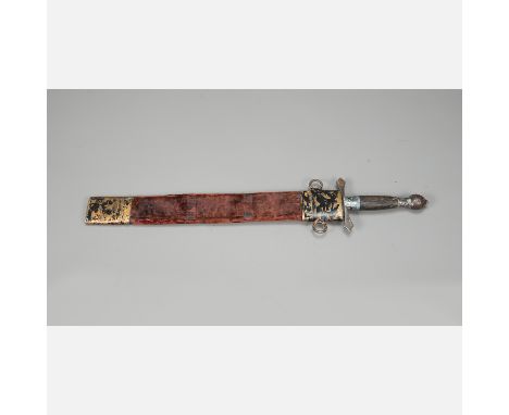 Short Parade Sword, with peaked polished blade, stamped manufactury name Pacholek Pest, iron hand protection and finial, wood