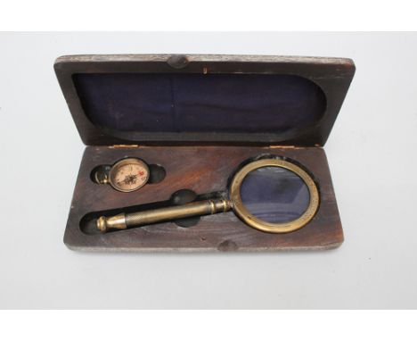 Magnifier and Compass, Henry Hughes Son LTD. London 1941, in original wooden box, 11 x 24 cm