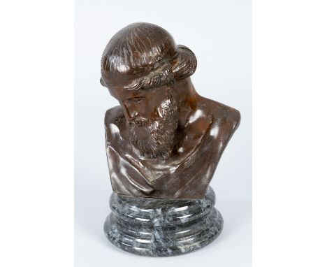 Bronze Bust of a Greek Philosopher, original cast with brown patina, on stepped round marble base; 19th/20th century, 25 cm h